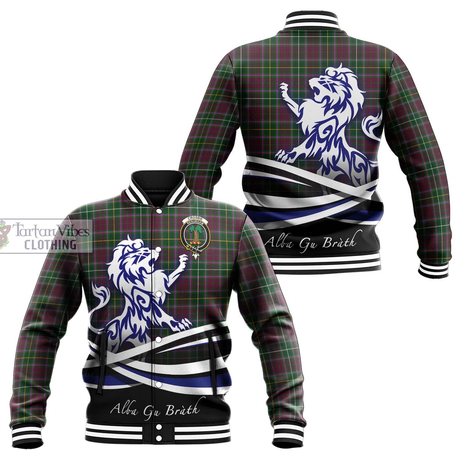 Tartan Vibes Clothing Crosbie Tartan Baseball Jacket with Alba Gu Brath Regal Lion Emblem