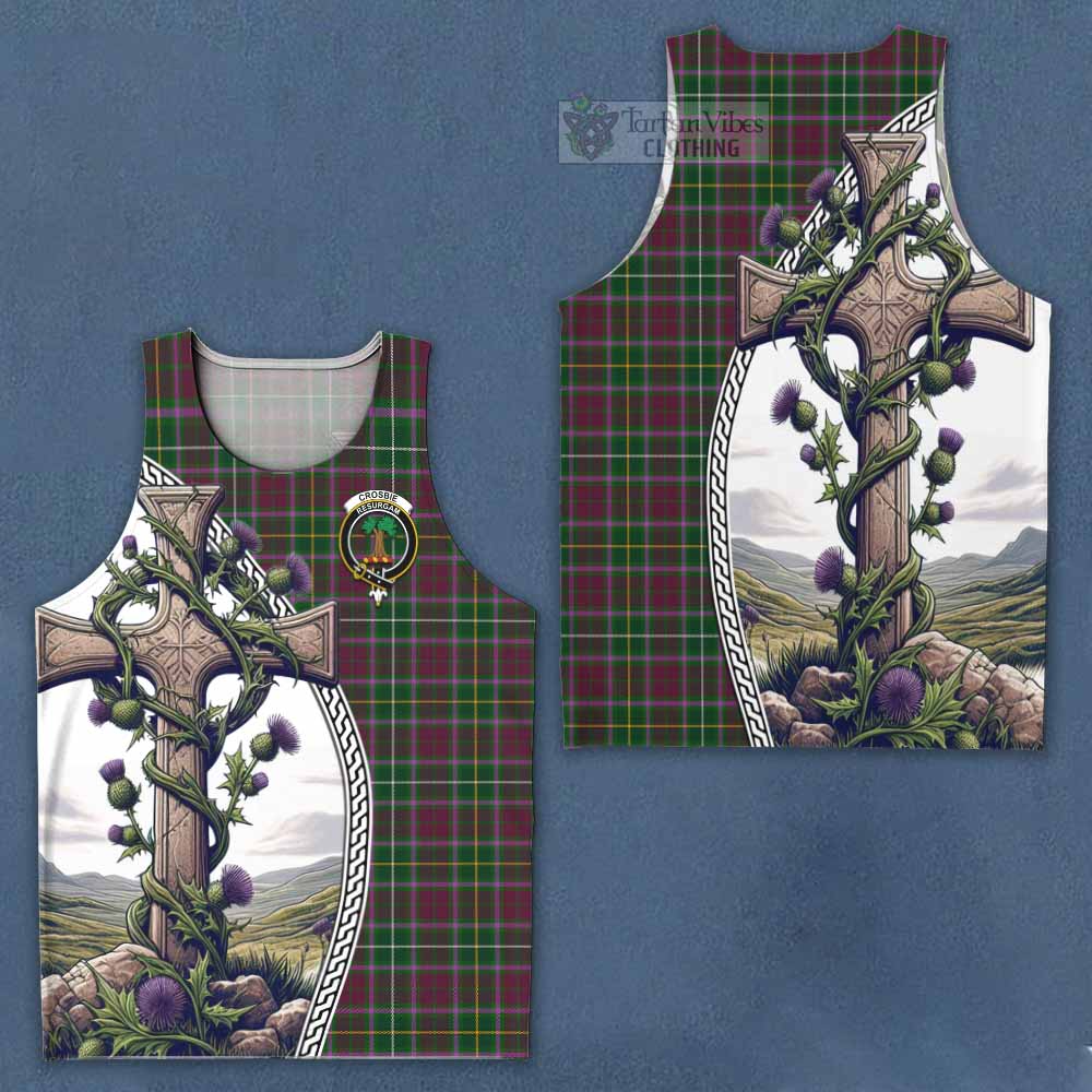 Tartan Vibes Clothing Crosbie Tartan Men's Tank Top with Family Crest and St. Andrew's Cross Accented by Thistle Vines