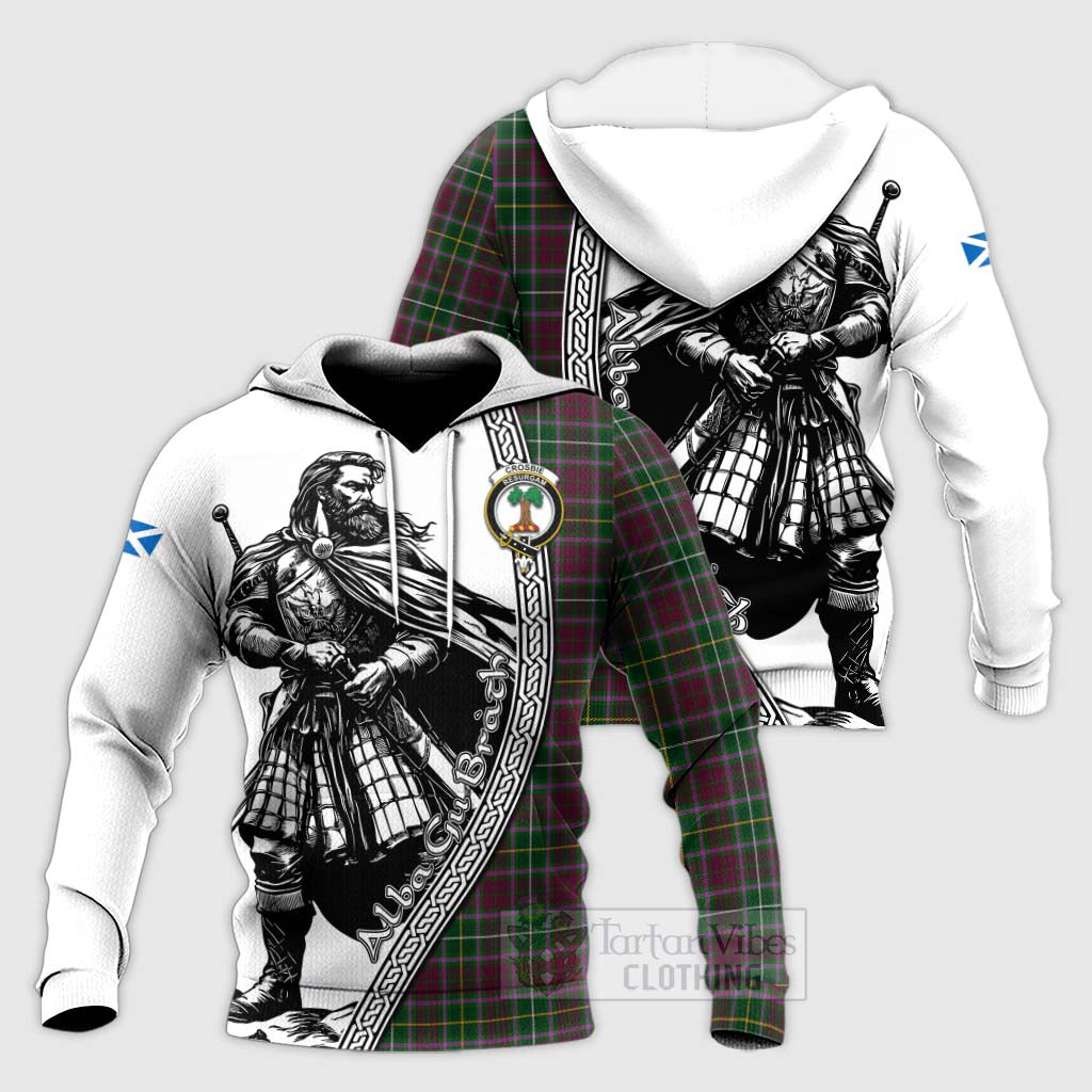 Tartan Vibes Clothing Crosbie Tartan Clan Crest Knitted Hoodie with Highlander Warrior Celtic Style