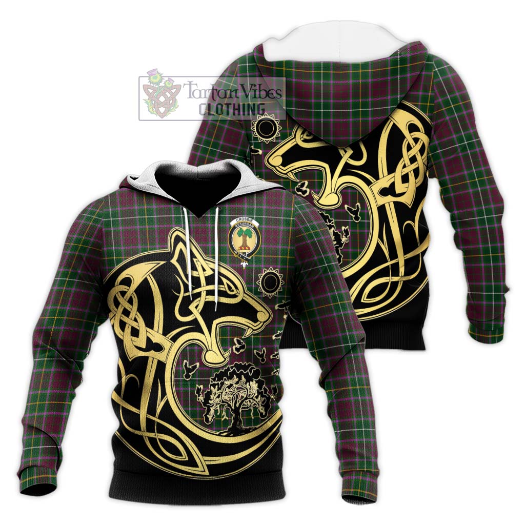 Tartan Vibes Clothing Crosbie Tartan Knitted Hoodie with Family Crest Celtic Wolf Style