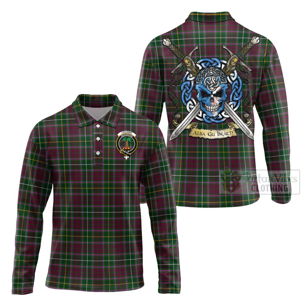 Tartan Vibes Clothing Crosbie Tartan Long Sleeve Polo Shirt with Family Crest Celtic Skull Style