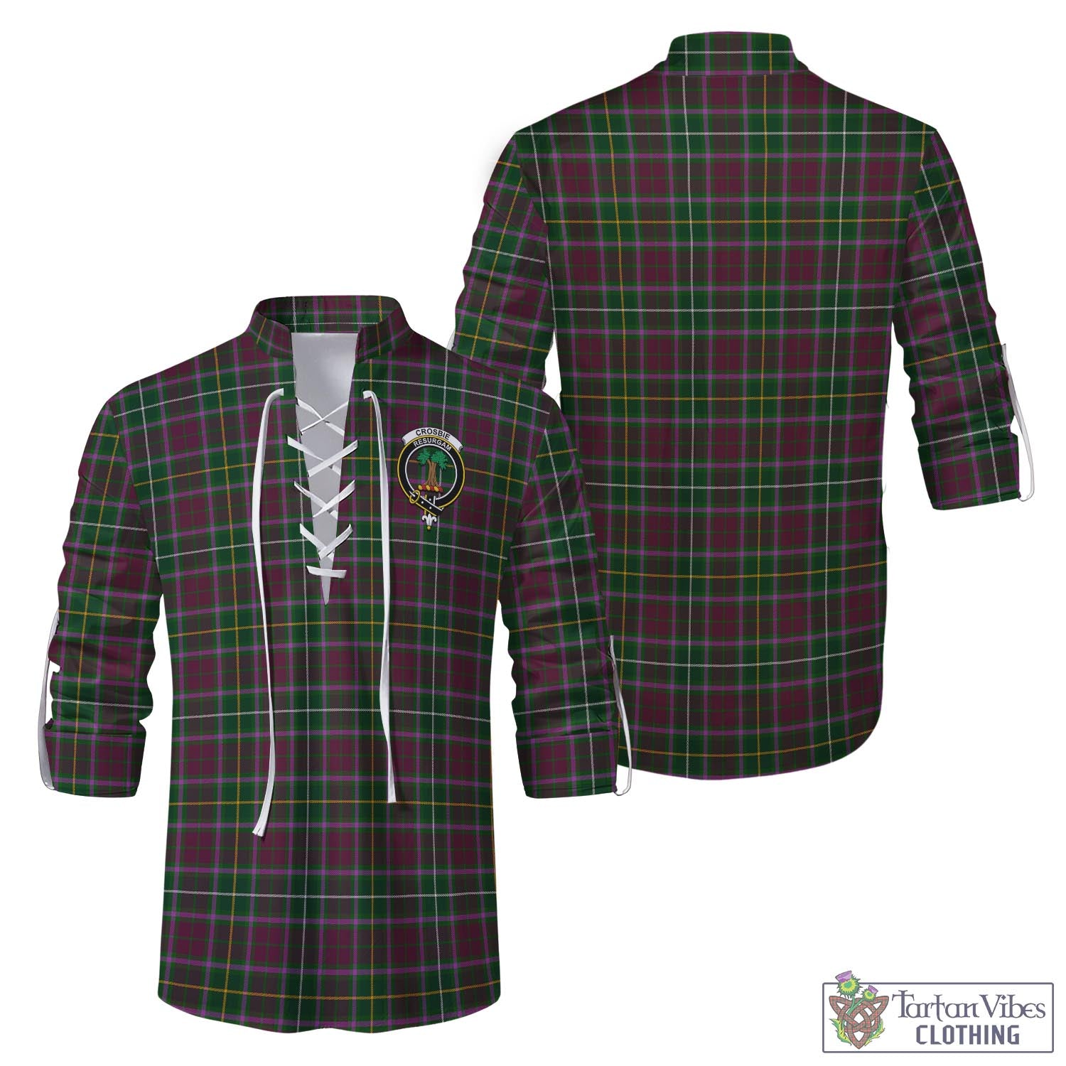 Tartan Vibes Clothing Crosbie Tartan Men's Scottish Traditional Jacobite Ghillie Kilt Shirt with Family Crest