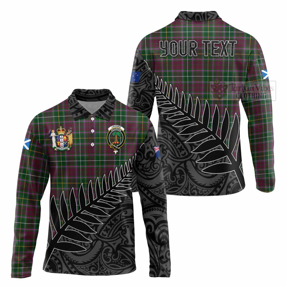 Tartan Vibes Clothing Crosbie Crest Tartan Long Sleeve Polo Shirt with New Zealand Silver Fern Half Style