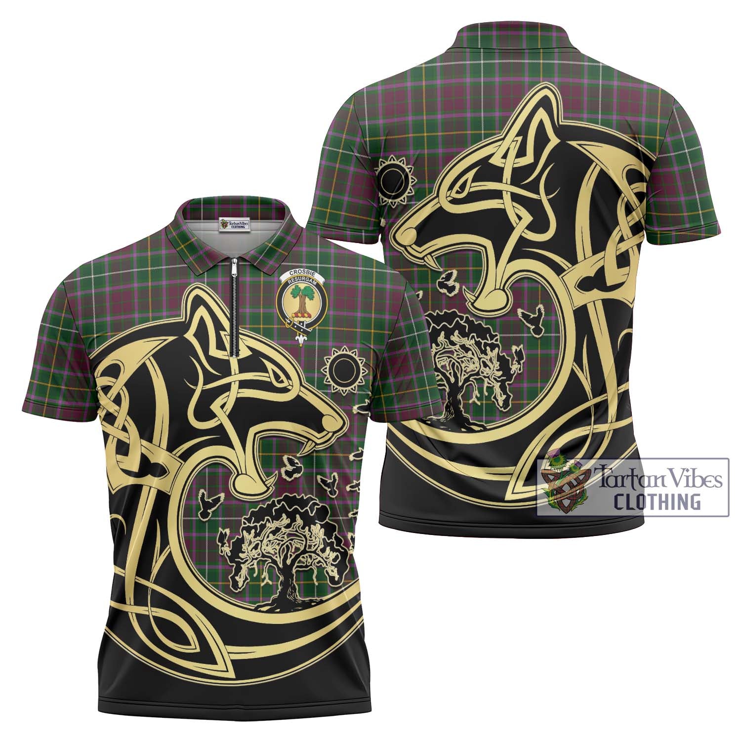 Tartan Vibes Clothing Crosbie Tartan Zipper Polo Shirt with Family Crest Celtic Wolf Style