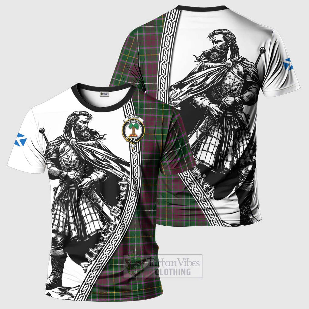 Tartan Vibes Clothing Crosbie Tartan Clan Crest T-Shirt with Highlander Warrior Celtic Style