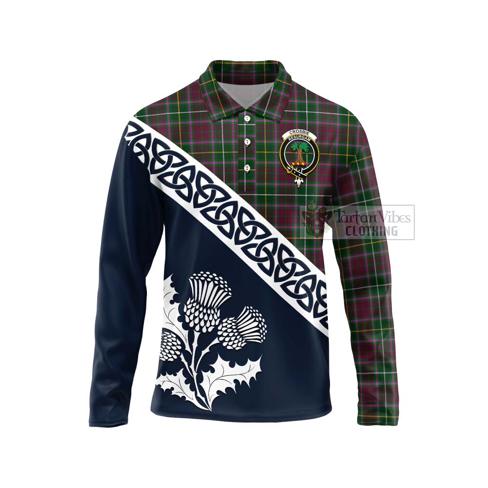 Tartan Vibes Clothing Crosbie Tartan Long Sleeve Polo Shirt Featuring Thistle and Scotland Map