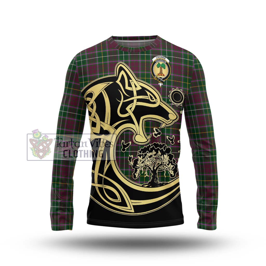 Tartan Vibes Clothing Crosbie Tartan Long Sleeve T-Shirt with Family Crest Celtic Wolf Style