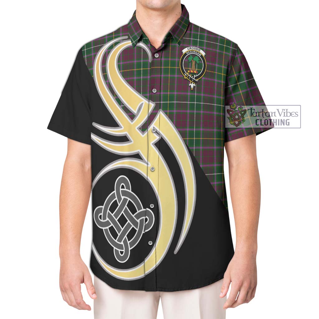 Tartan Vibes Clothing Crosbie Tartan Short Sleeve Button Shirt with Family Crest and Celtic Symbol Style