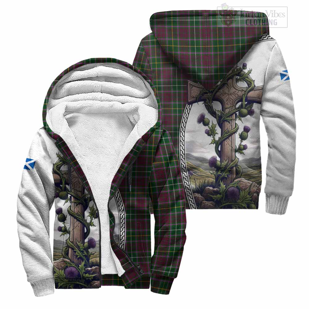 Tartan Vibes Clothing Crosbie Tartan Sherpa Hoodie with Family Crest and St. Andrew's Cross Accented by Thistle Vines