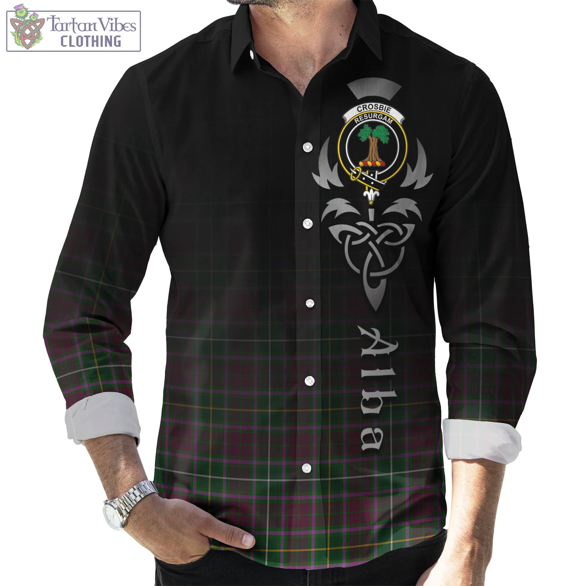 Tartan Vibes Clothing Crosbie Tartan Long Sleeve Button Up Featuring Alba Gu Brath Family Crest Celtic Inspired