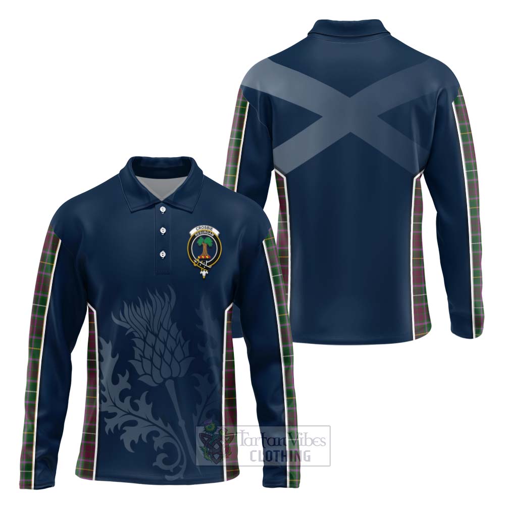 Tartan Vibes Clothing Crosbie Tartan Long Sleeve Polo Shirt with Family Crest and Scottish Thistle Vibes Sport Style