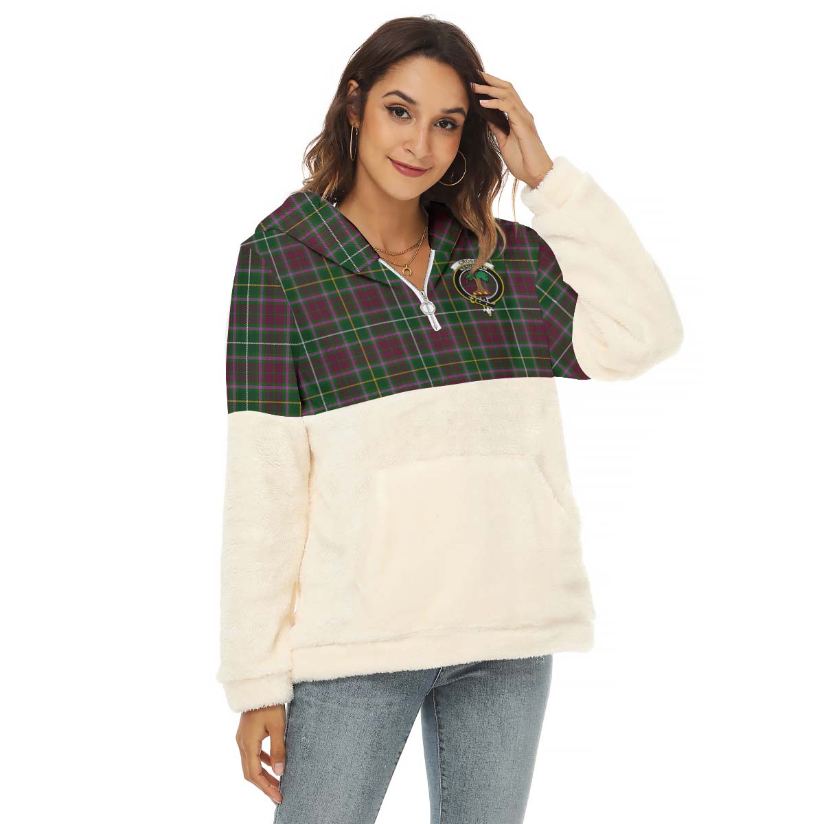 Crosbie Tartan Women's Borg Fleece Hoodie With Half Zip with Family Crest Female - Tartan Vibes Clothing