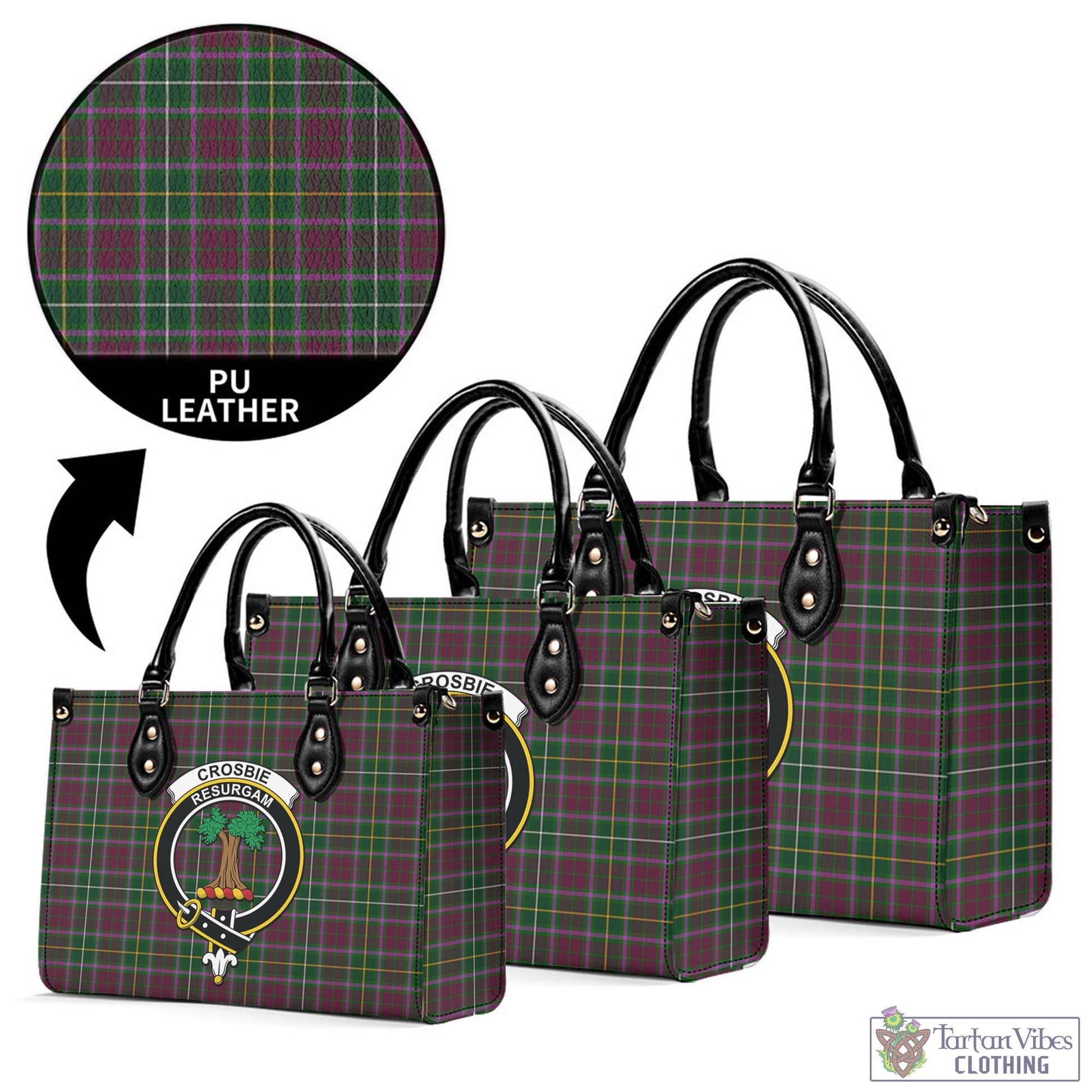 Tartan Vibes Clothing Crosbie Tartan Luxury Leather Handbags with Family Crest