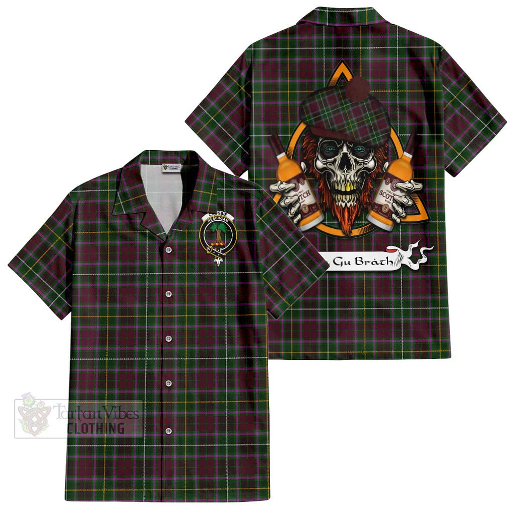 Tartan Vibes Clothing Crosbie Tartan Short Sleeve Button Shirt with Family Crest and Bearded Skull Holding Bottles of Whiskey