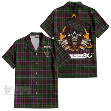 Crosbie Tartan Short Sleeve Button Shirt with Family Crest and Bearded Skull Holding Bottles of Whiskey