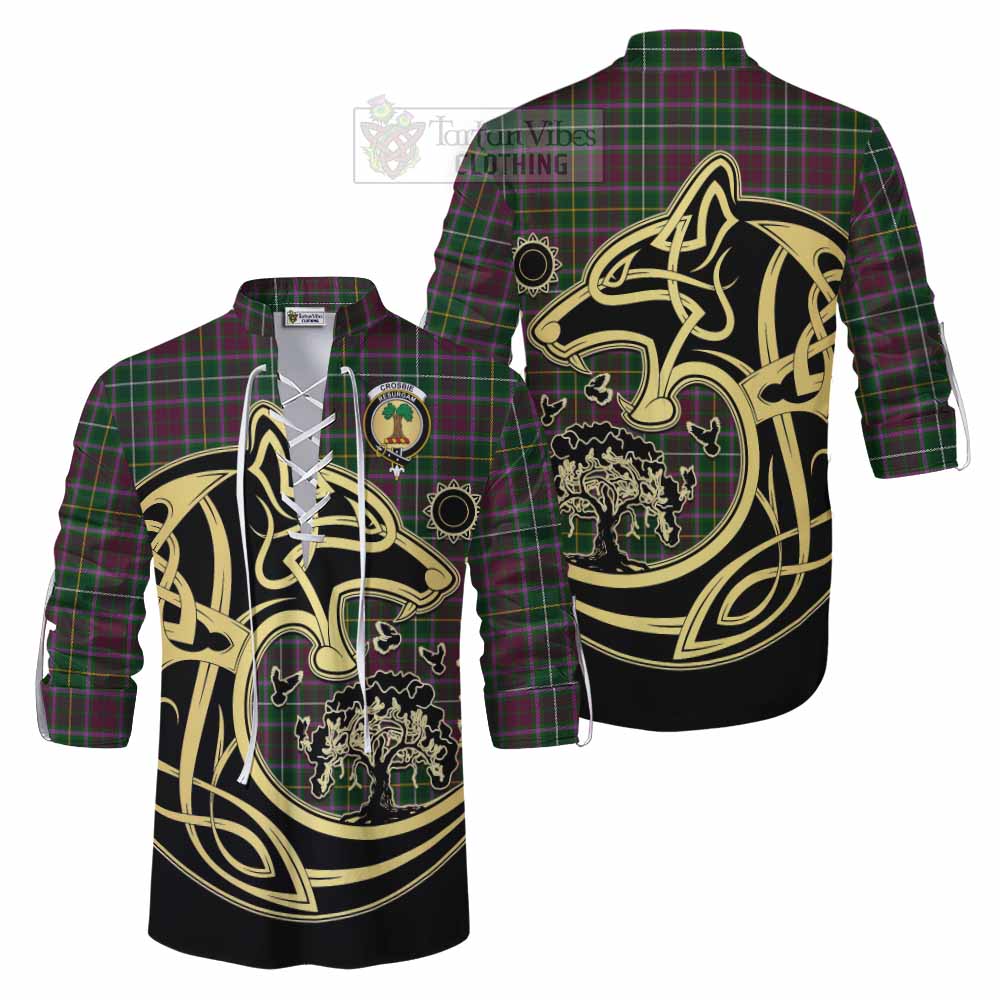 Tartan Vibes Clothing Crosbie Tartan Ghillie Kilt Shirt with Family Crest Celtic Wolf Style