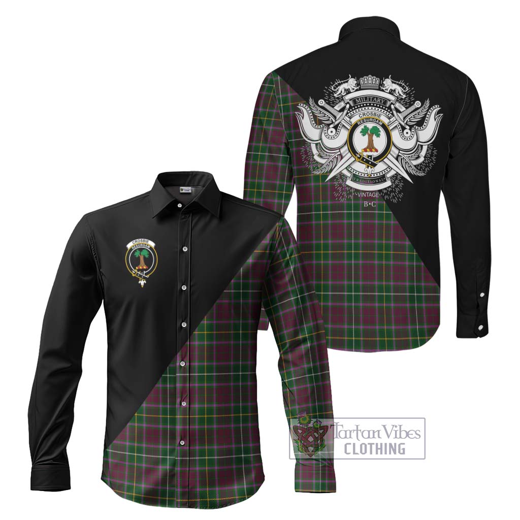 Tartan Vibes Clothing Crosbie Tartan Long Sleeve Button Shirt with Family Crest and Military Logo Style