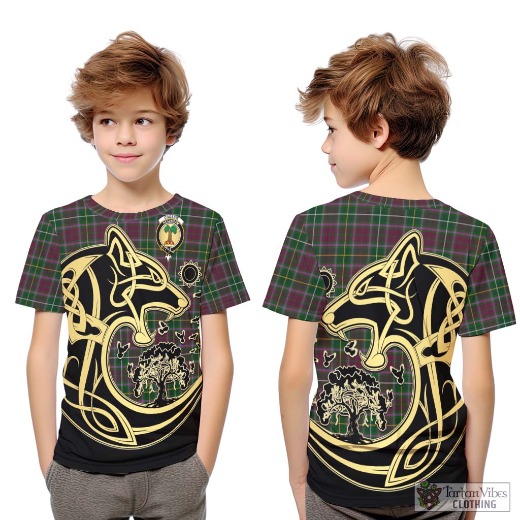 Tartan Vibes Clothing Crosbie Tartan Kid T-Shirt with Family Crest Celtic Wolf Style