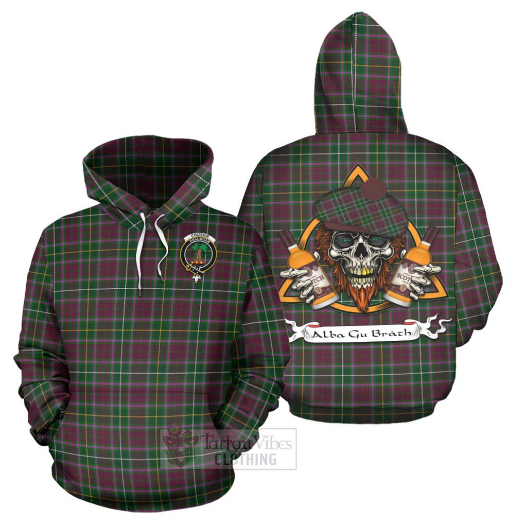 Tartan Vibes Clothing Crosbie Tartan Hoodie with Family Crest and Bearded Skull Holding Bottles of Whiskey