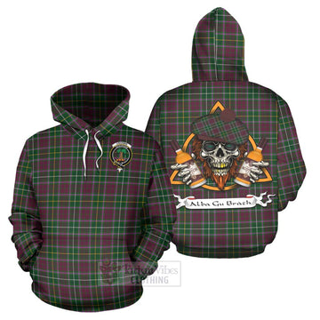 Crosbie Tartan Hoodie with Family Crest and Bearded Skull Holding Bottles of Whiskey