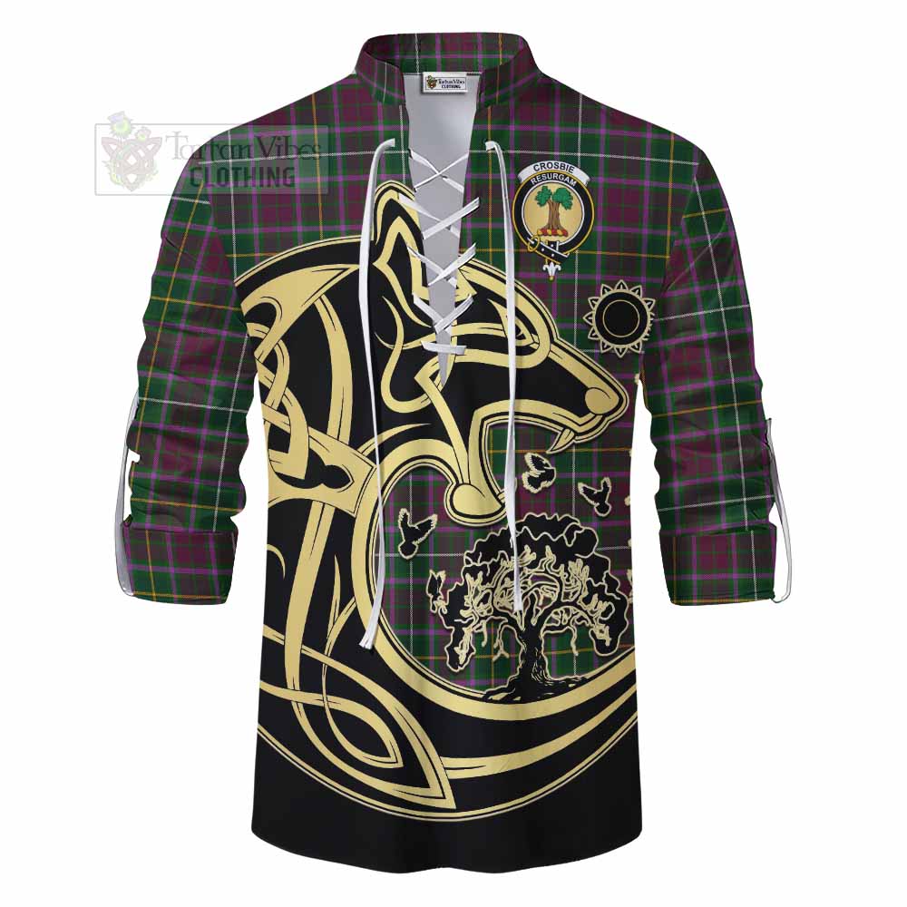 Tartan Vibes Clothing Crosbie Tartan Ghillie Kilt Shirt with Family Crest Celtic Wolf Style