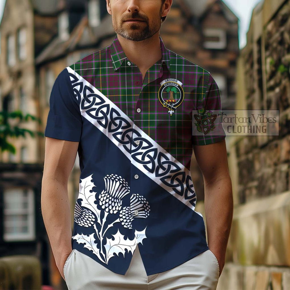 Tartan Vibes Clothing Crosbie Tartan Short Sleeve Button Shirt Featuring Thistle and Scotland Map