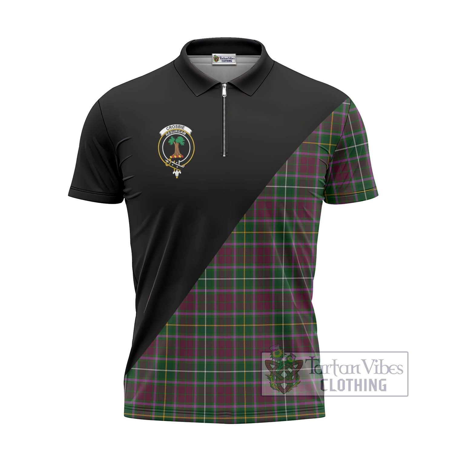 Tartan Vibes Clothing Crosbie Tartan Zipper Polo Shirt with Family Crest and Military Logo Style