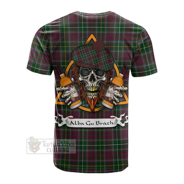 Crosbie Tartan Cotton T-shirt with Family Crest and Bearded Skull Holding Bottles of Whiskey