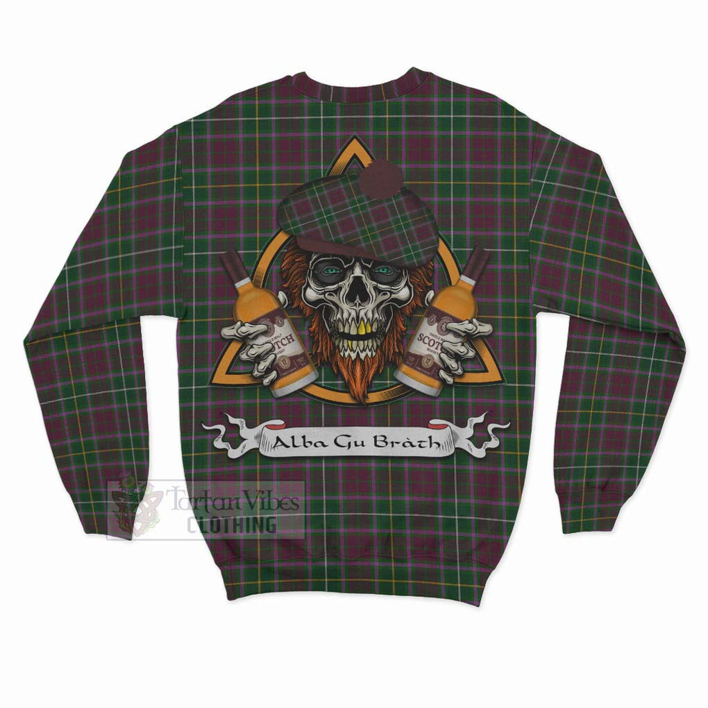 Tartan Vibes Clothing Crosbie Tartan Sweatshirt with Family Crest and Bearded Skull Holding Bottles of Whiskey