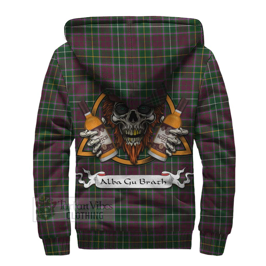 Tartan Vibes Clothing Crosbie Tartan Sherpa Hoodie with Family Crest and Bearded Skull Holding Bottles of Whiskey