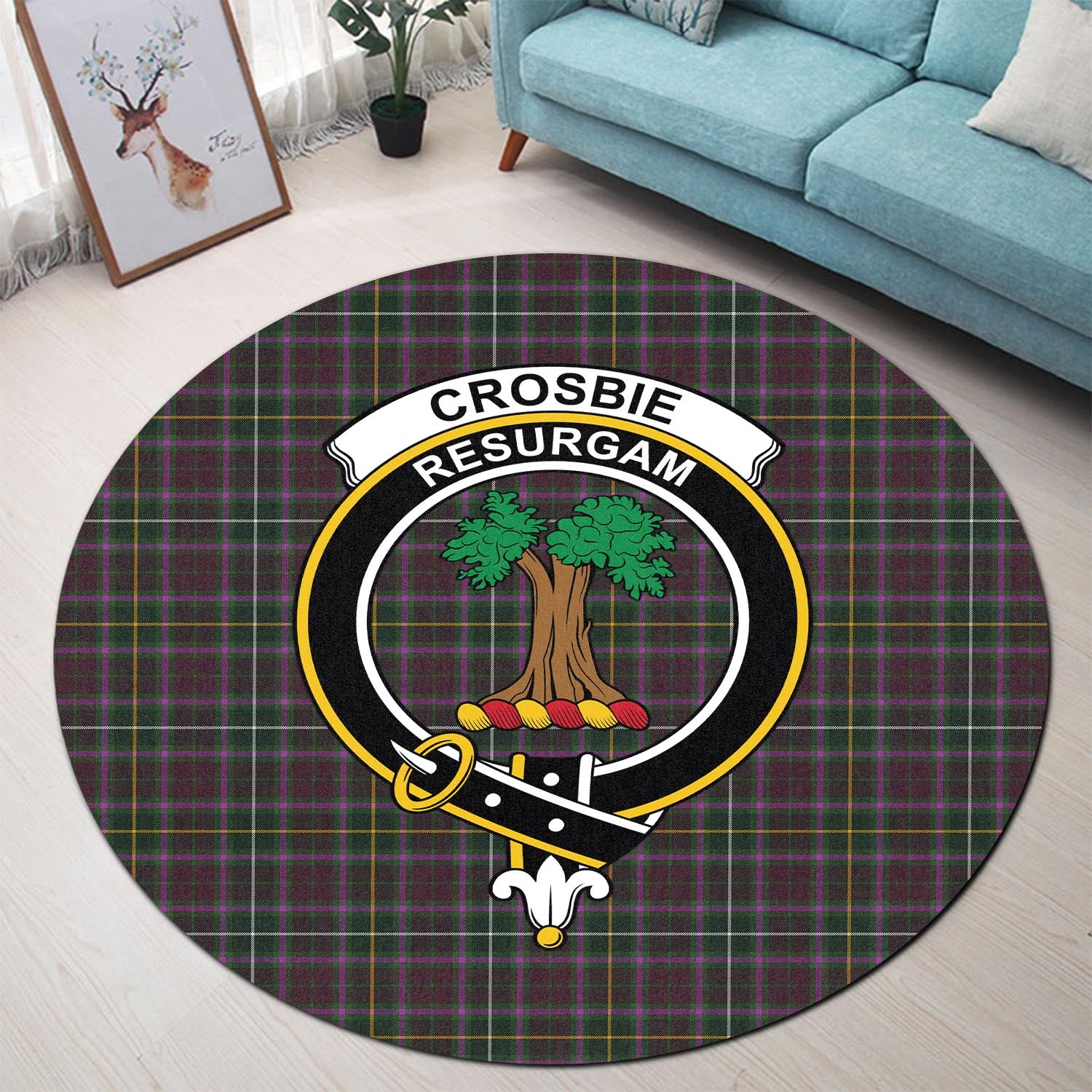 Crosbie Tartan Round Rug with Family Crest - Tartanvibesclothing