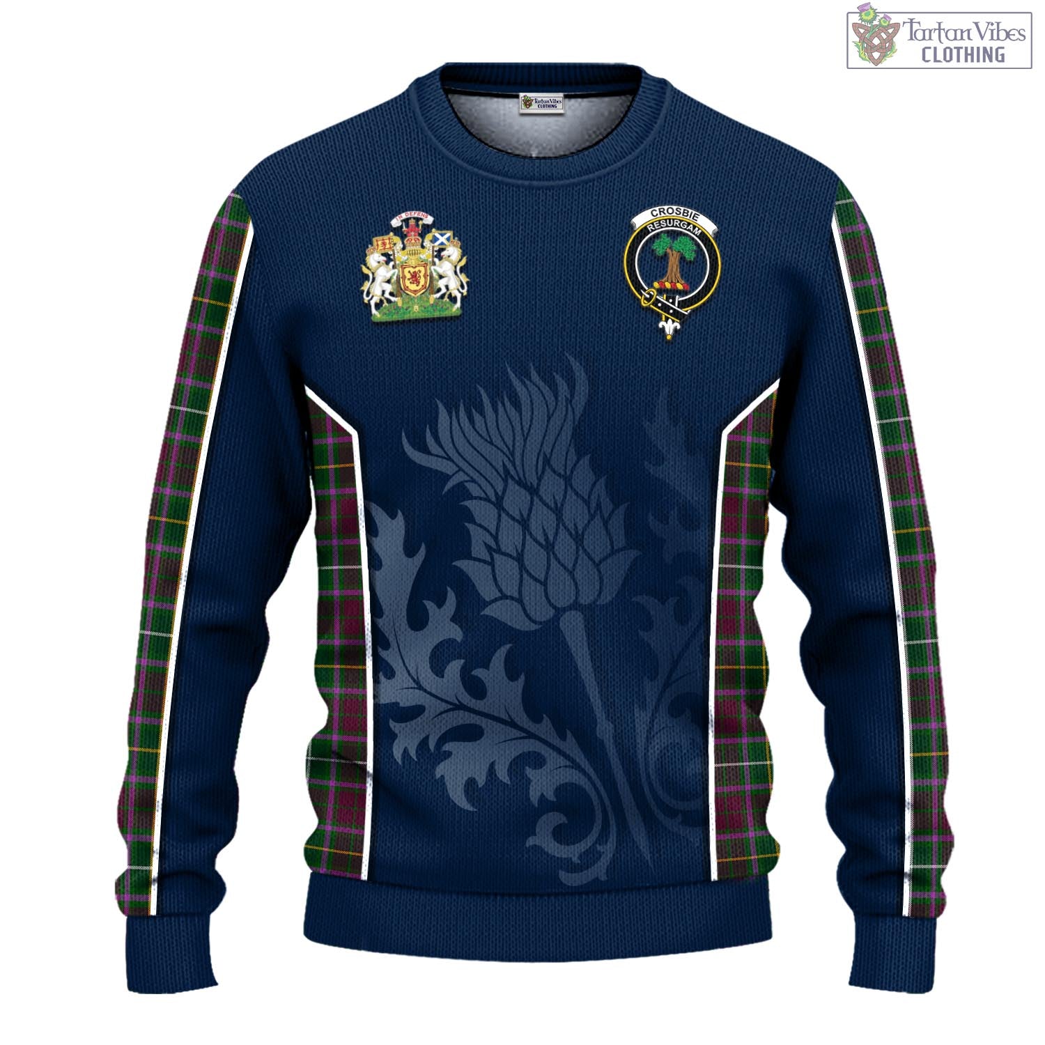 Tartan Vibes Clothing Crosbie Tartan Knitted Sweatshirt with Family Crest and Scottish Thistle Vibes Sport Style