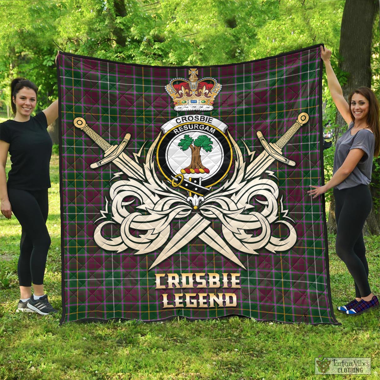 Tartan Vibes Clothing Crosbie Tartan Quilt with Clan Crest and the Golden Sword of Courageous Legacy