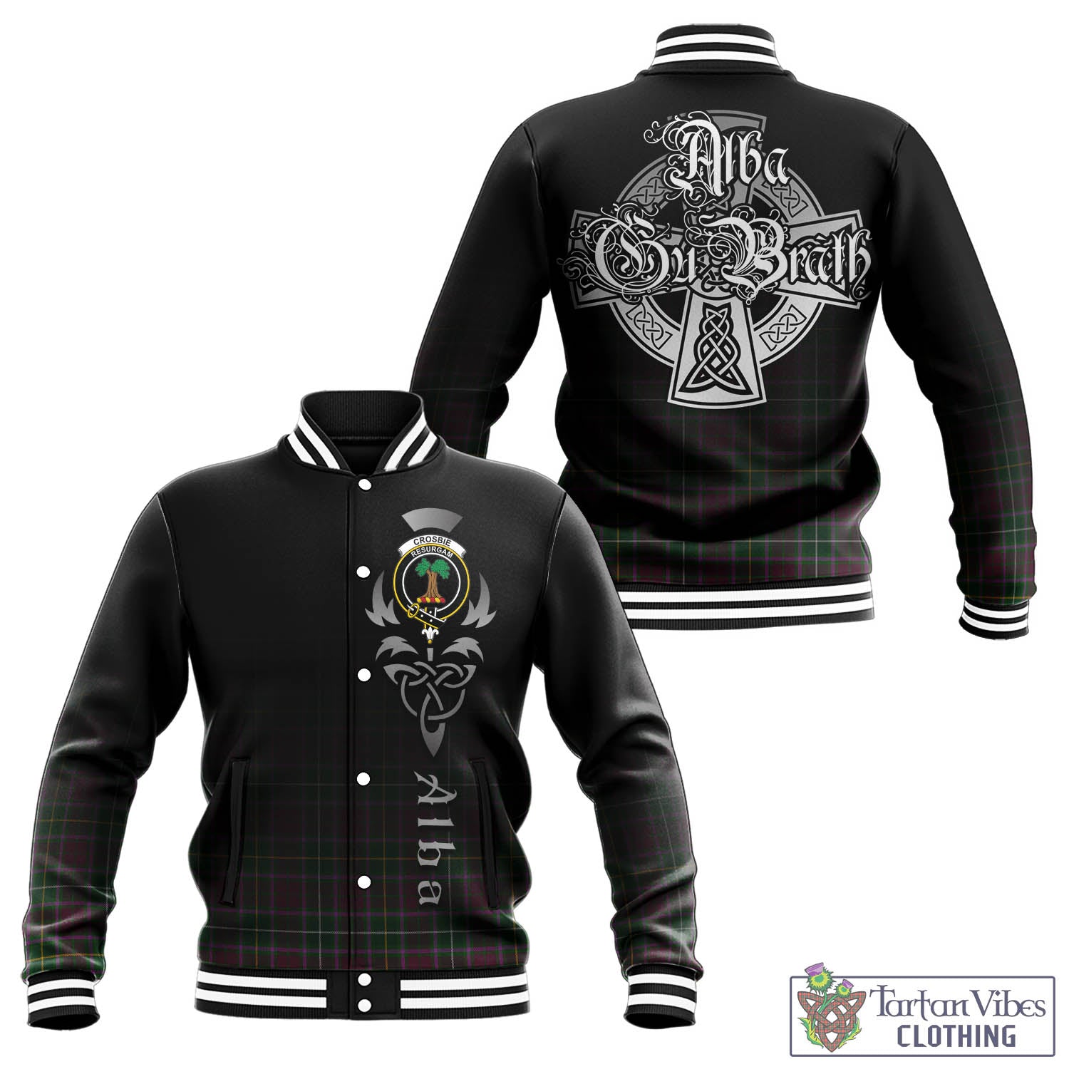 Tartan Vibes Clothing Crosbie Tartan Baseball Jacket Featuring Alba Gu Brath Family Crest Celtic Inspired