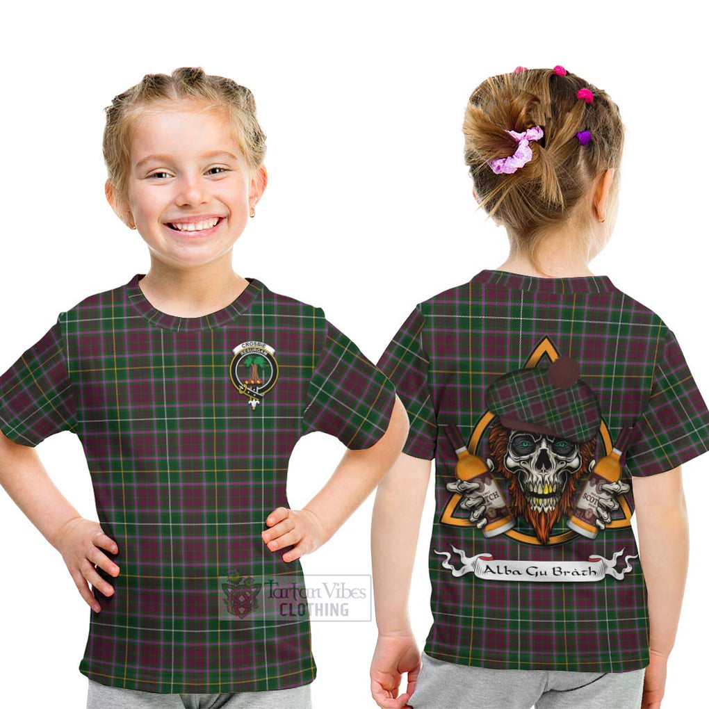 Tartan Vibes Clothing Crosbie Tartan Kid T-Shirt with Family Crest and Bearded Skull Holding Bottles of Whiskey