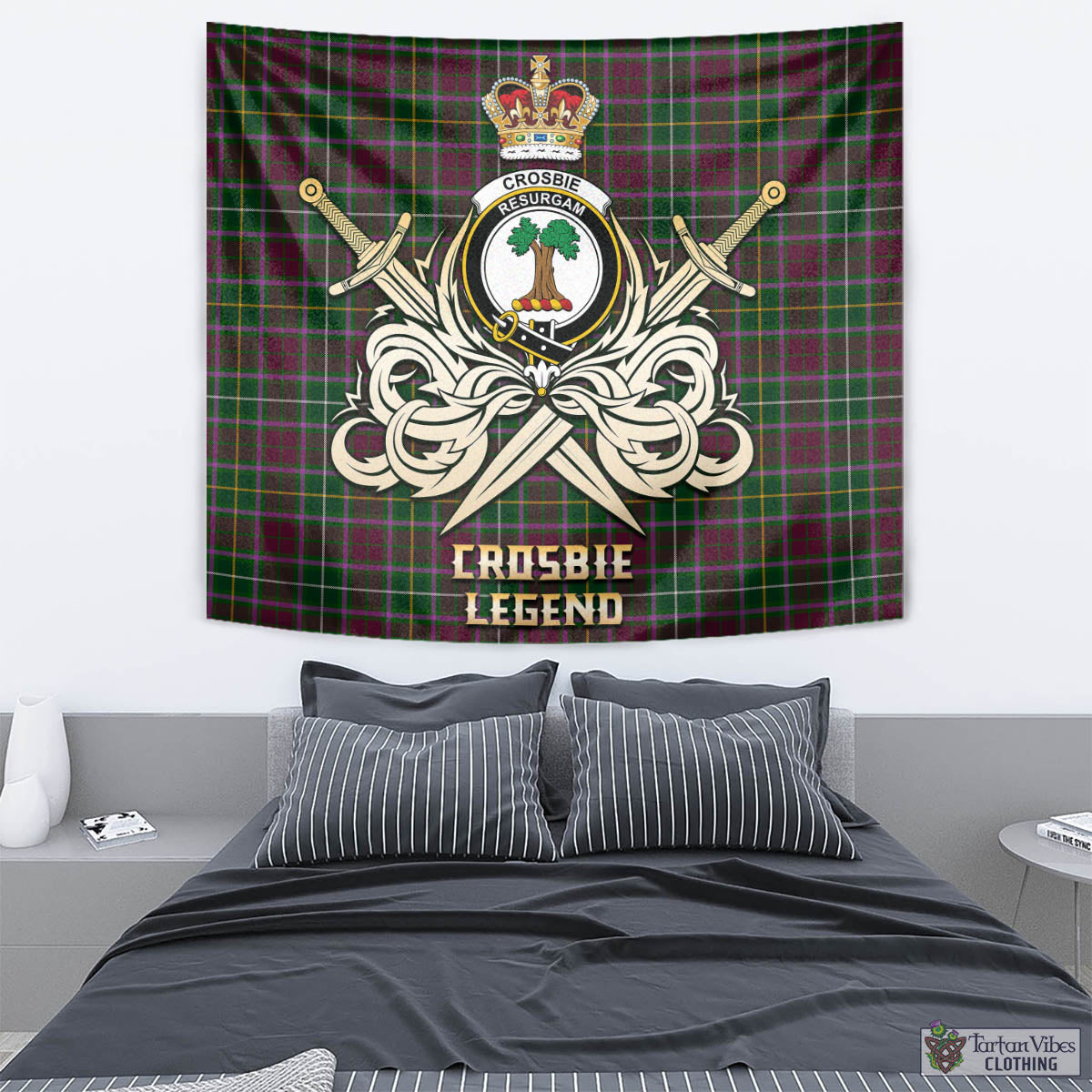 Tartan Vibes Clothing Crosbie Tartan Tapestry with Clan Crest and the Golden Sword of Courageous Legacy