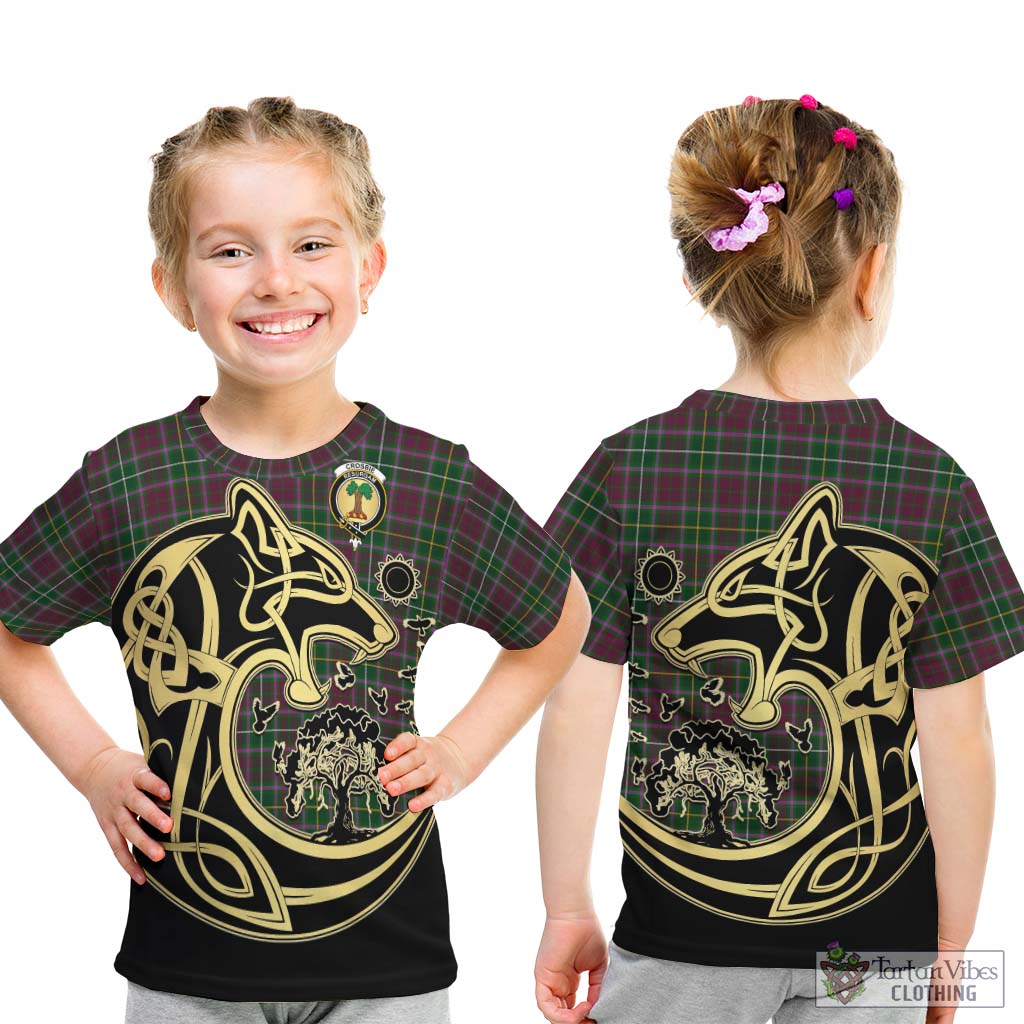 Tartan Vibes Clothing Crosbie Tartan Kid T-Shirt with Family Crest Celtic Wolf Style