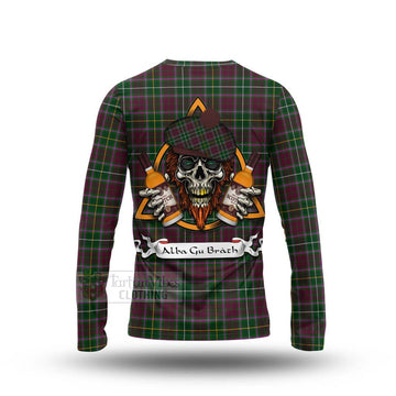 Crosbie Tartan Long Sleeve T-Shirt with Family Crest and Bearded Skull Holding Bottles of Whiskey