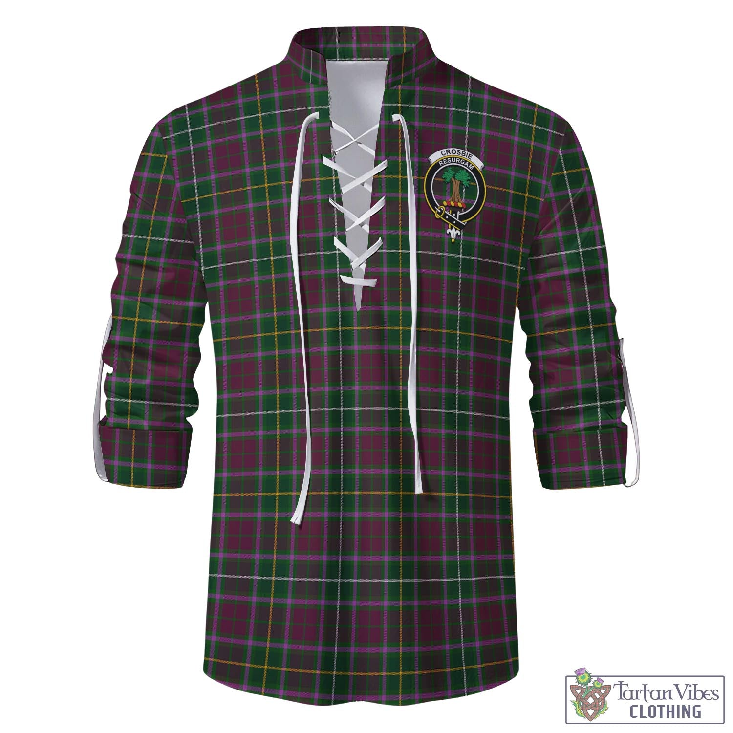 Tartan Vibes Clothing Crosbie Tartan Men's Scottish Traditional Jacobite Ghillie Kilt Shirt with Family Crest