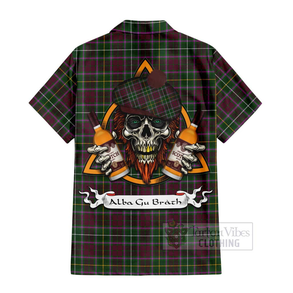 Tartan Vibes Clothing Crosbie Tartan Short Sleeve Button Shirt with Family Crest and Bearded Skull Holding Bottles of Whiskey