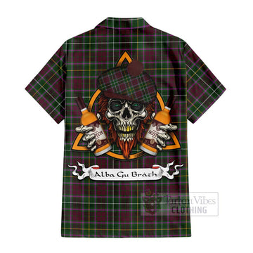 Crosbie Tartan Short Sleeve Button Shirt with Family Crest and Bearded Skull Holding Bottles of Whiskey