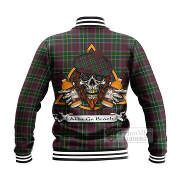 Crosbie Tartan Baseball Jacket with Family Crest and Bearded Skull Holding Bottles of Whiskey