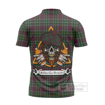 Crosbie Tartan Zipper Polo Shirt with Family Crest and Bearded Skull Holding Bottles of Whiskey