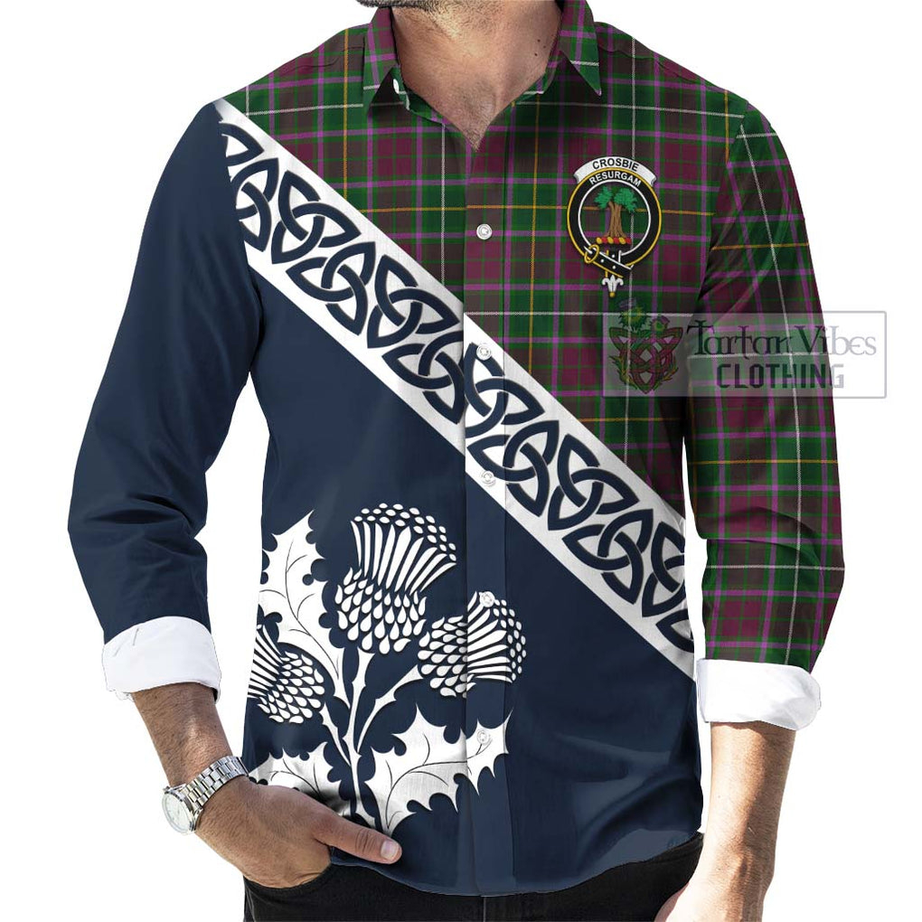 Tartan Vibes Clothing Crosbie Tartan Long Sleeve Button Shirt Featuring Thistle and Scotland Map