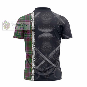 Crosbie Tartan Zipper Polo Shirt with Family Crest Cross Sword Thistle Celtic Vibes