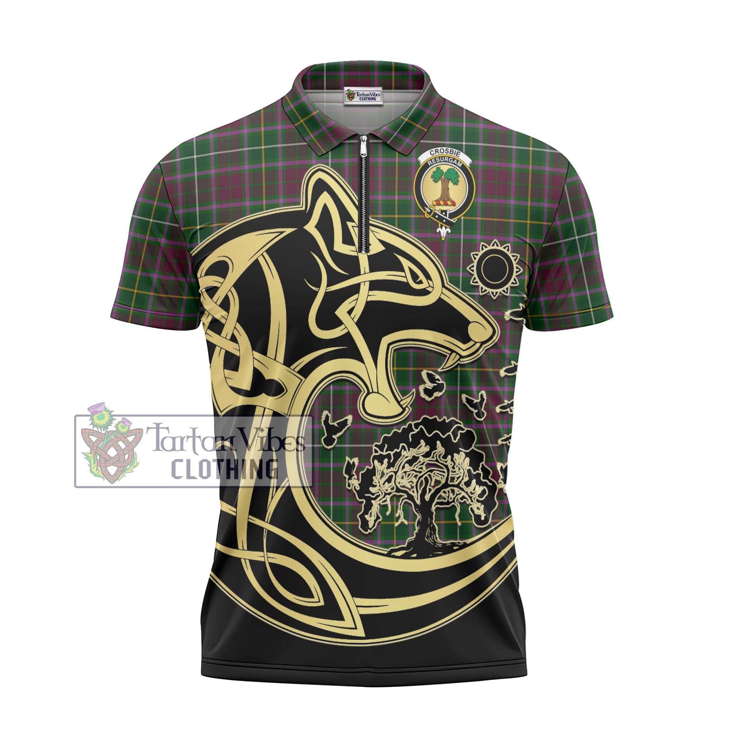 Tartan Vibes Clothing Crosbie Tartan Zipper Polo Shirt with Family Crest Celtic Wolf Style