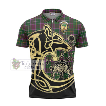 Crosbie Tartan Zipper Polo Shirt with Family Crest Celtic Wolf Style