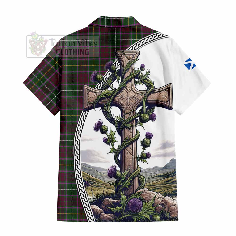 Tartan Vibes Clothing Crosbie Tartan Short Sleeve Button Shirt with Family Crest and St. Andrew's Cross Accented by Thistle Vines