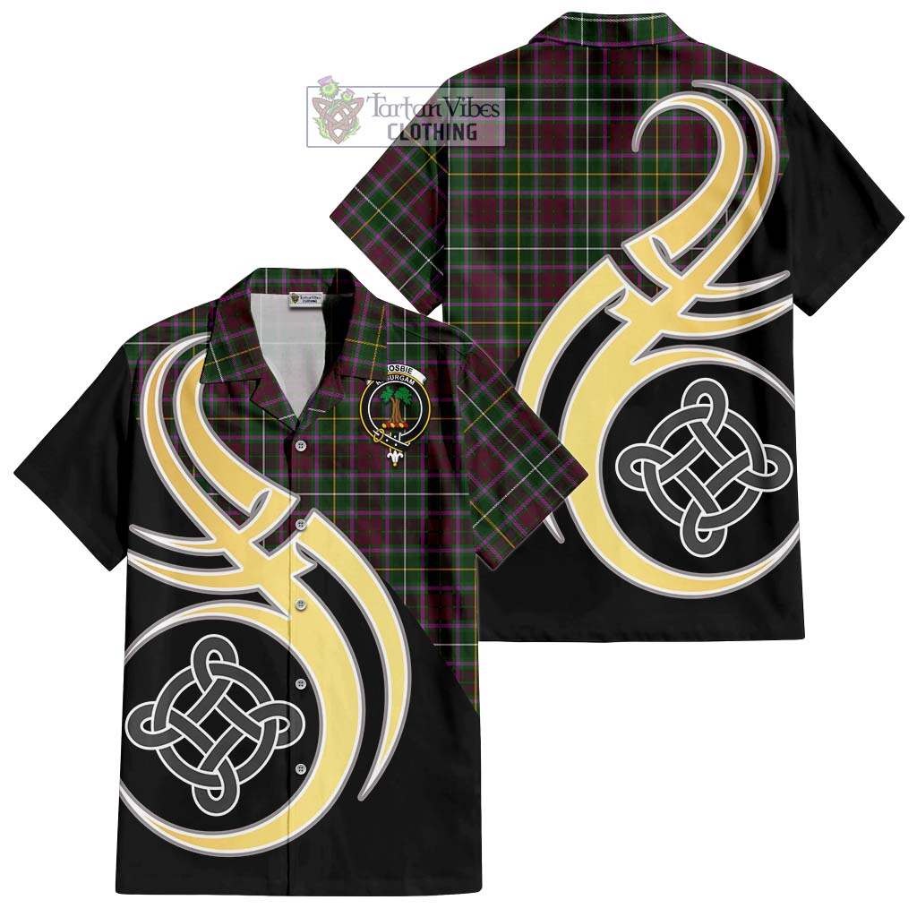 Tartan Vibes Clothing Crosbie Tartan Short Sleeve Button Shirt with Family Crest and Celtic Symbol Style