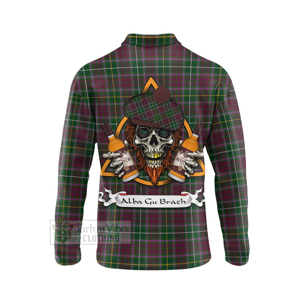 Tartan Vibes Clothing Crosbie Tartan Long Sleeve Polo Shirt with Family Crest and Bearded Skull Holding Bottles of Whiskey